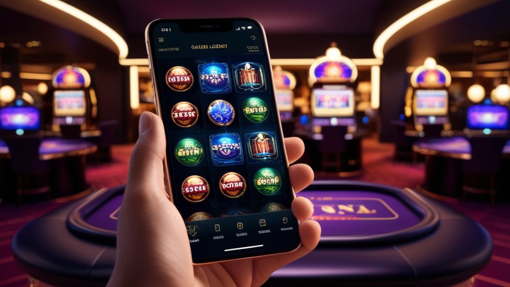 Smartphone showing a casino app with glowing game tiles in a dark room