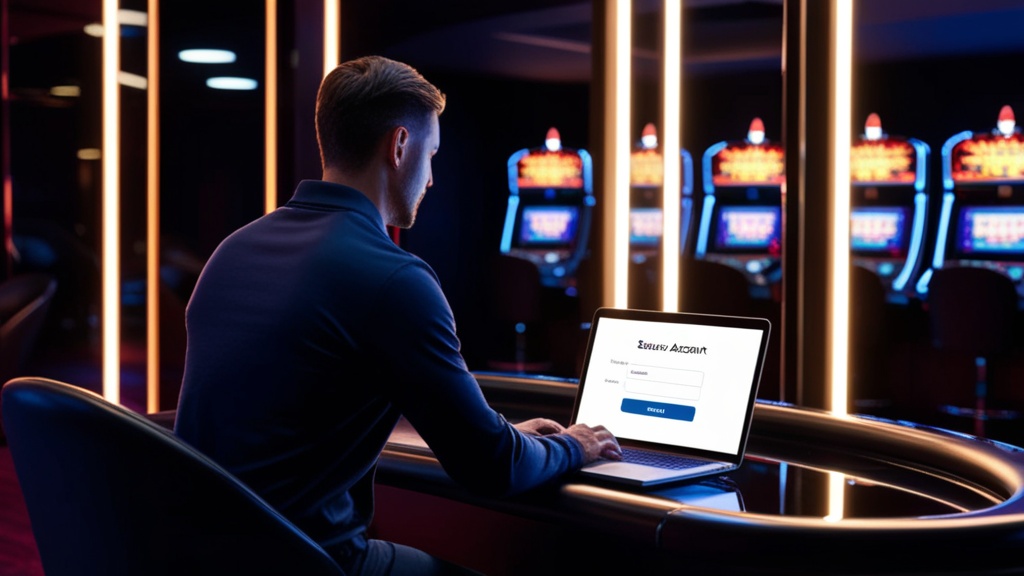 Casino login screen glowing on a laptop in a dark atmospheric room