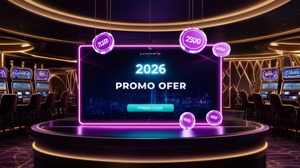 Neon casino scene with a promo code screen and bonus chips